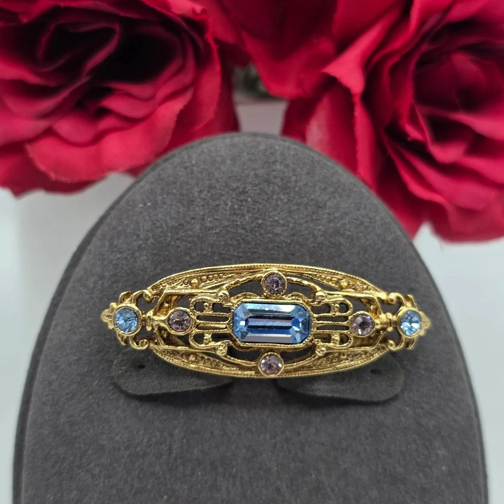 Vintage Gold Tone Filigree Bar Brooch Blue Emerald Cut Crystal Pink Rhinestone